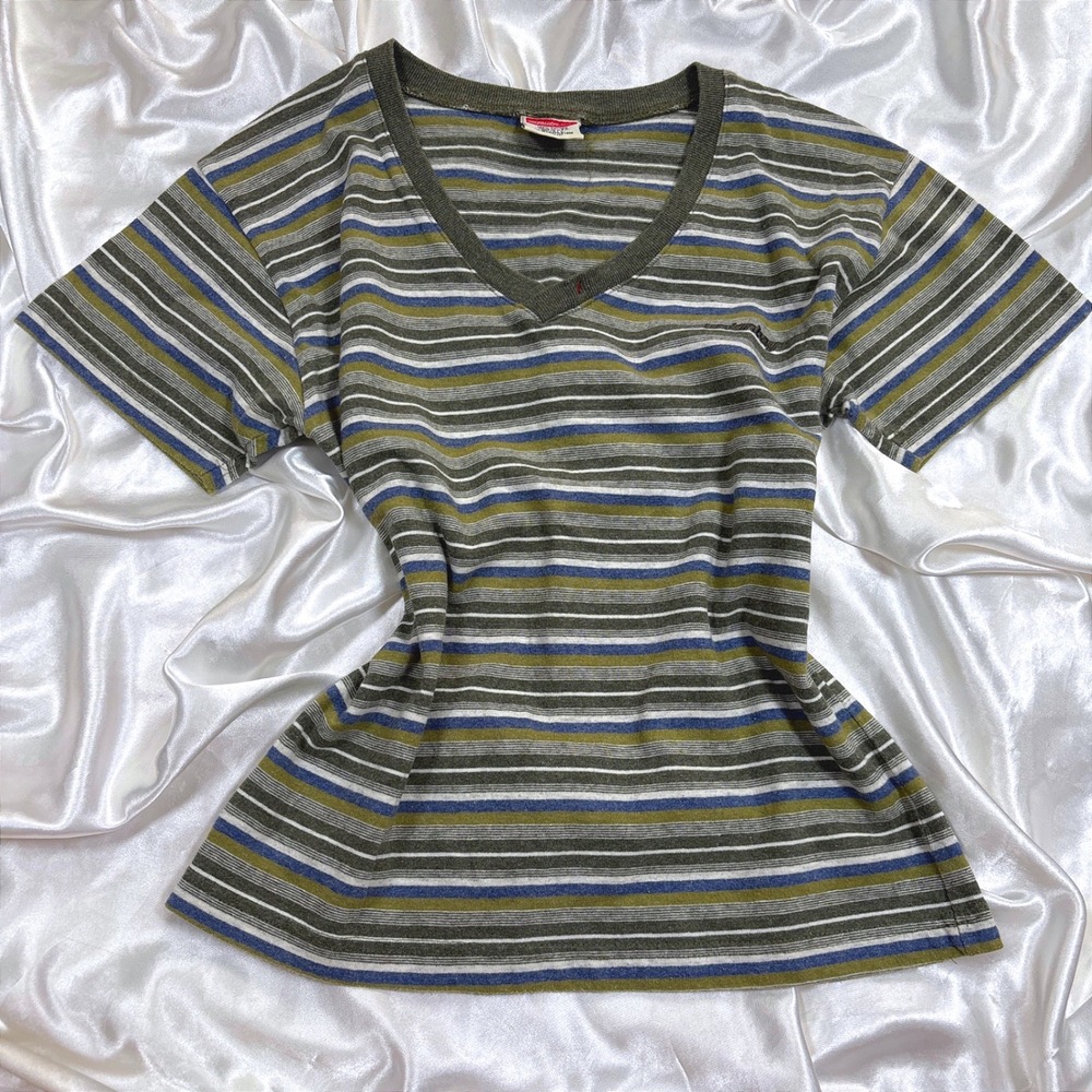 Vintage Unionbay T-Shirt Striped Green Excellent V-Neck Short Sleeve Cotton USA
